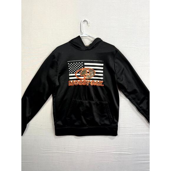 Mossy Oak Hoodie Mens Medium Black Flag Embroidered Logo Fleece Pockets Pullover - Picture 1 of 6